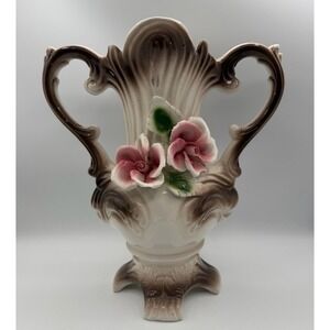 Vintage Capodimonte Porcelain Vase Italy Floral Applied Roses Double Handle 13"